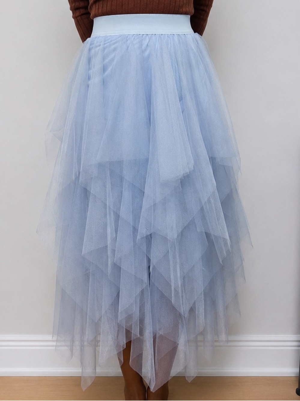 Layered Light Blue High-Low Tulle Skirt - Women's Elegant Midi